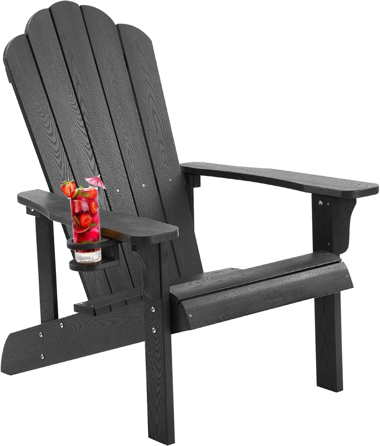 hOmeHua Hard Plastic Adirondack Chair Weather Resistant with Cup Holder, Imitation Wood Stripes, Easy to Assemble & Maintain, Outdoor Chair for Patio, Backyard Deck, Fire Pit & Lawn Porch - Black