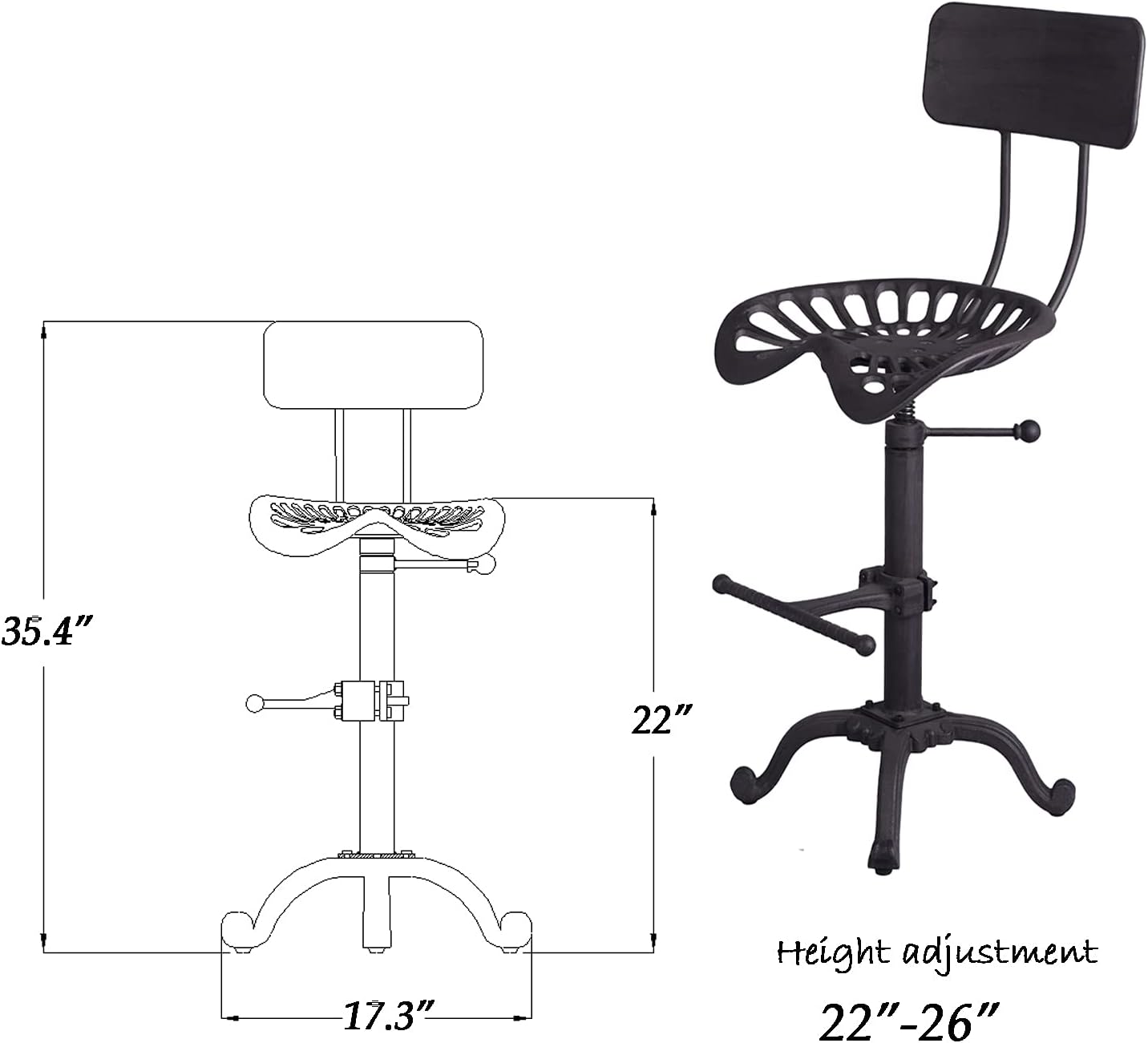 Diwhy Industrial Design Metal Adjustable Height Backrest Chair Vintage Tractor Saddle Bar Stool (Rust, Style 2)