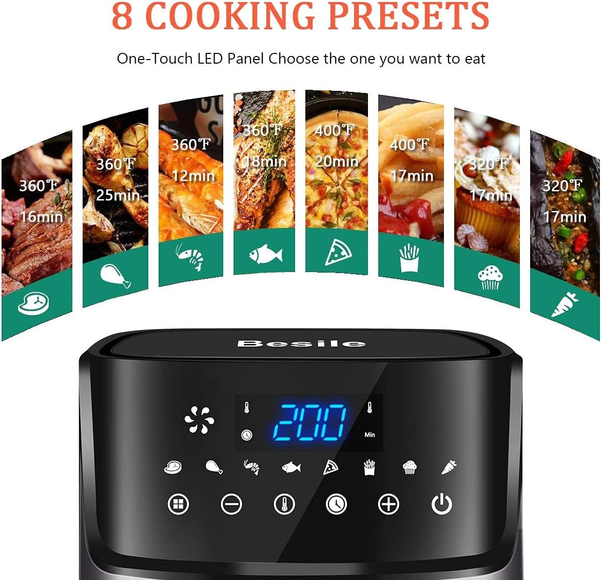 Besile Air Fryer 5.8 Quart Large Capacity 3-5 People Use,Oilless Cooking,Digital Touchscreen, Rotary knob,Large Non-Stick Fryer Basket, Easy to Clean,Black,100 Recipes Pack of 2