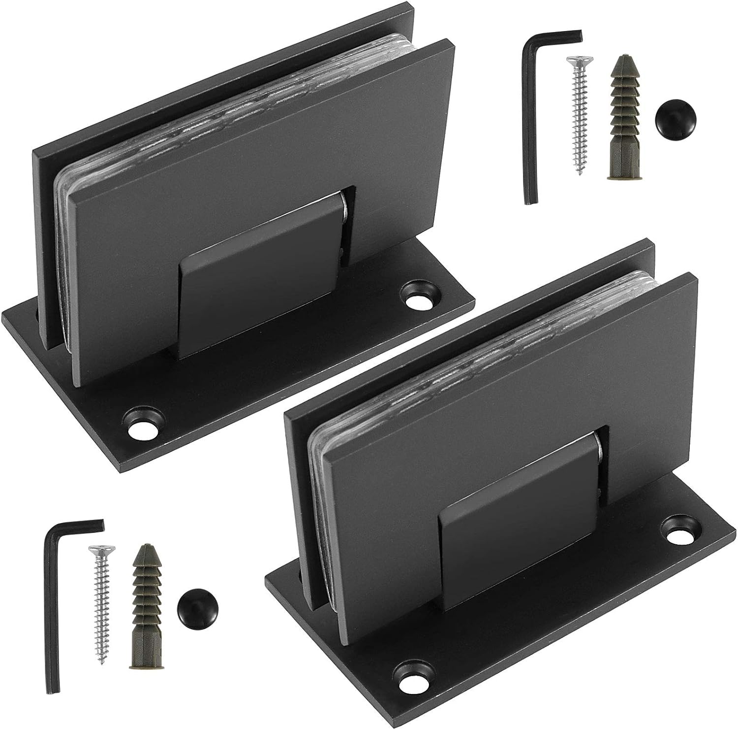 ZOENHOU 2 Packs Black Glass Door Hinges, Stainless Steel 4mm Thick Shower Door Hinges, Cupboard Clamp with Mounting Hardware for 90 Degree Opening & Closing of Showcase Bathroom Cabinet