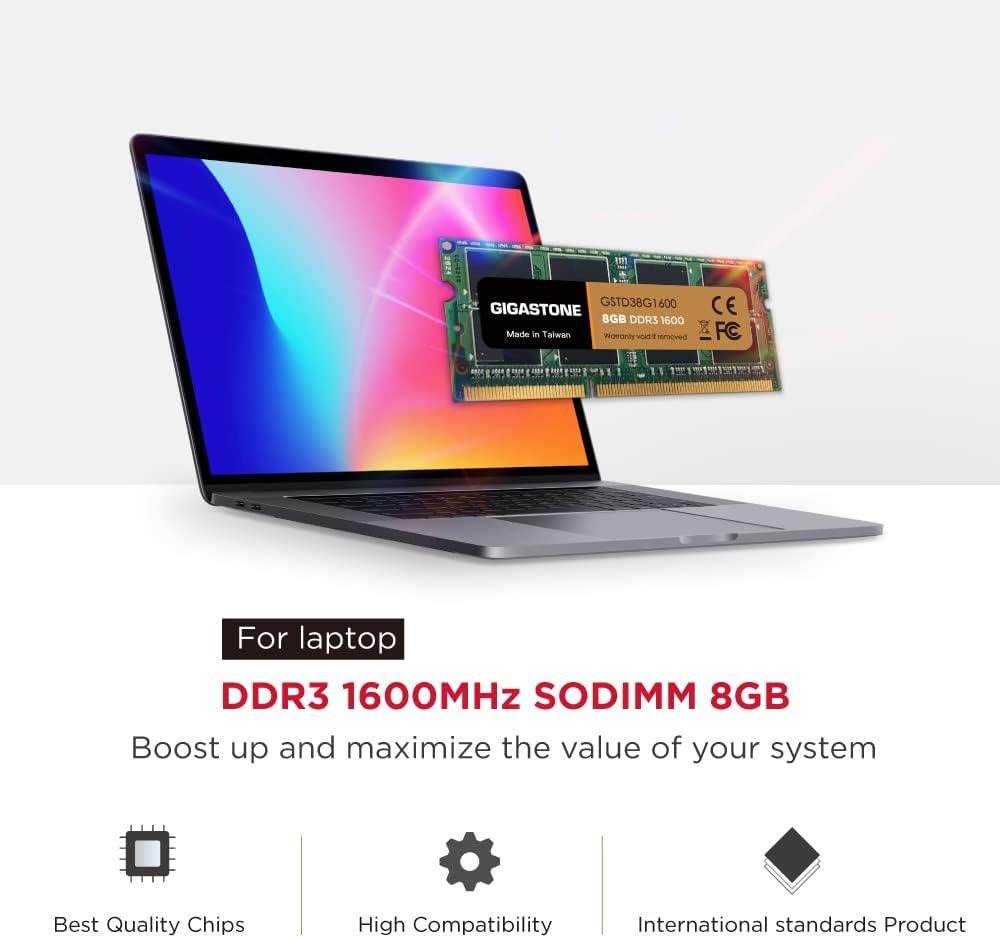 Gigastone DDR3 8GB 1600MHz PC3-12800 CL11 1.35V SODIMM 204 Pin Unbuffered Non ECC for Notebook Laptop Memory Module Ram Upgrade Pack of 2