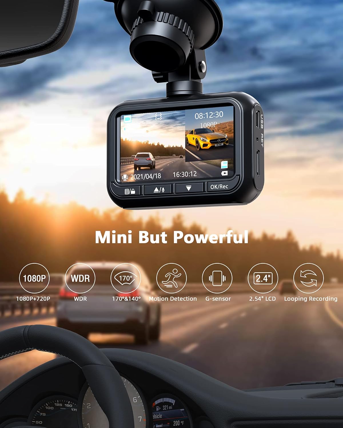 Dash Camera for Cars 1080P Full HD Dual Dash Cam Front and Rear, 2.45
