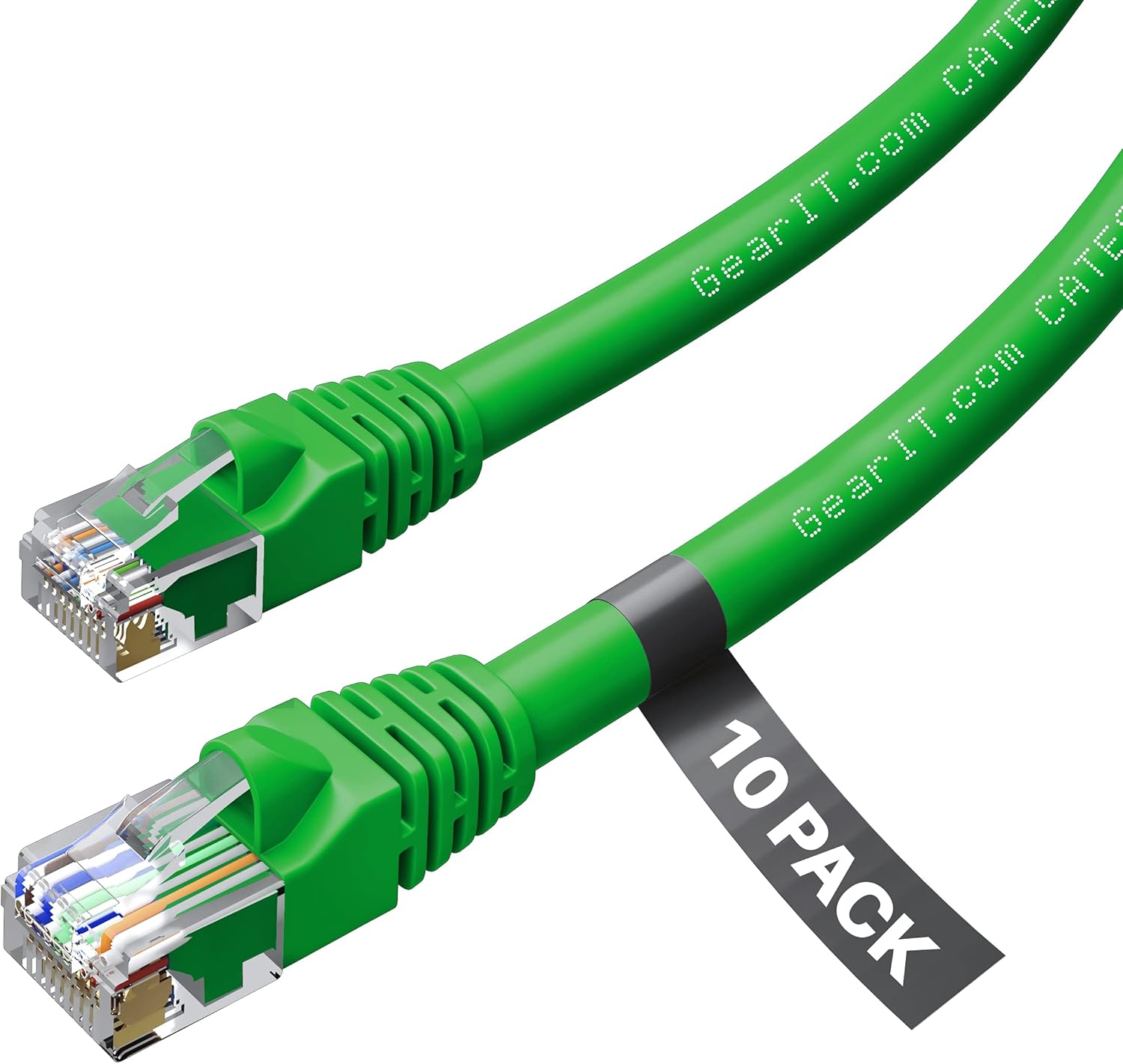 GearIT 10 Pack, Cat 6 Ethernet Cable Cat6 Snagless Patch 15 Feet - Computer LAN Network Cord, Green - Compatible with 10 Port Switch POE 10port Gigabit Pack of 2