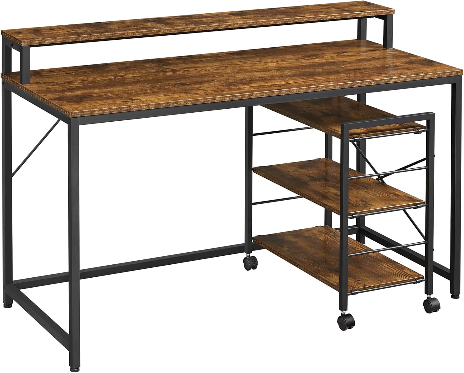 VASAGLE Computer Desk with Large Monitor Stand Rolling Cart, Writing Study Desk with Storage Shelves, Industrial, for Home Office, Rustic Brown and Black ULWD061B01