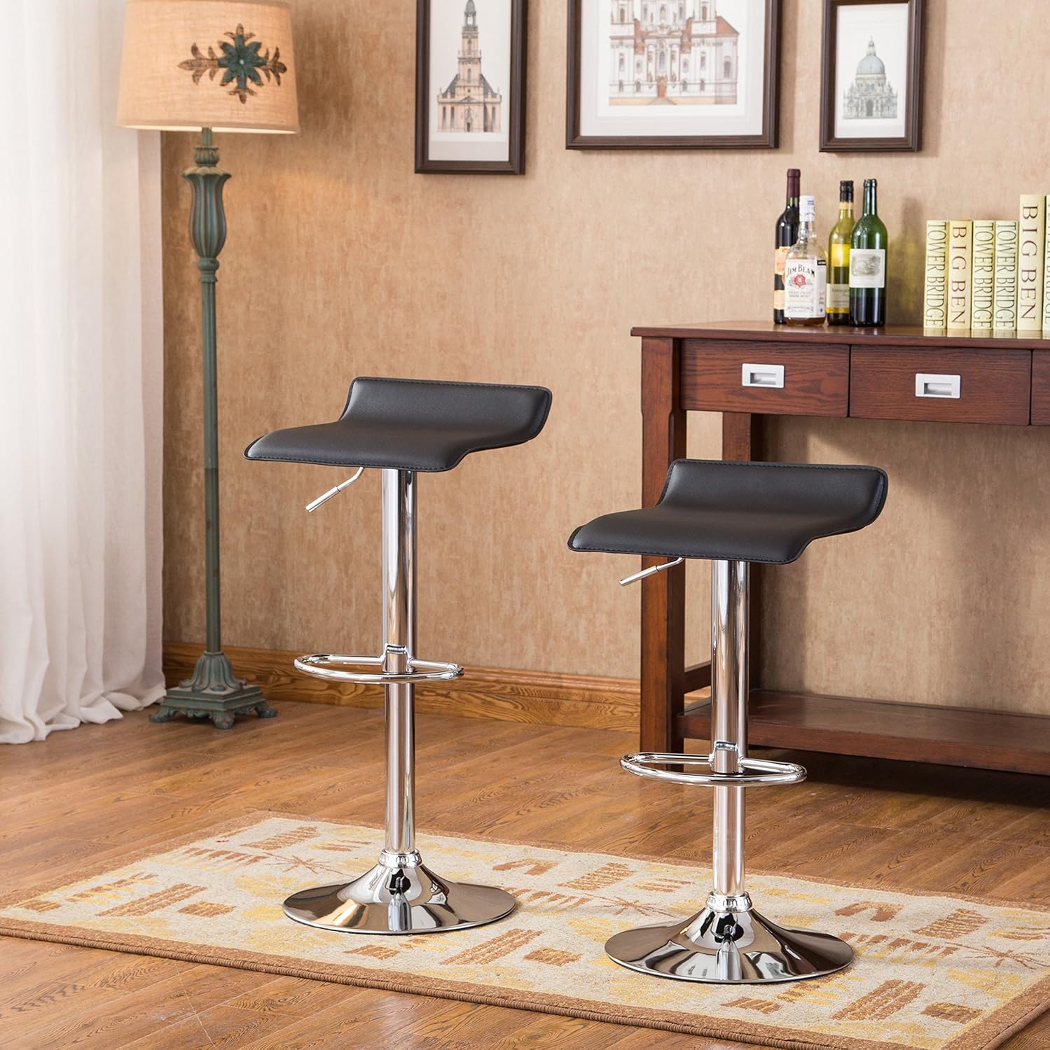 Roundhill Furniture Contemporary Chrome Air Lift Adjustable Swivel Stools with Black Seat, Set of 2