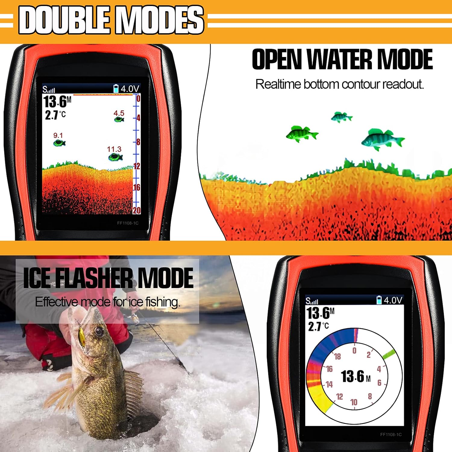Atibin Wired Portable Fish Finder Display Handheld Monitor Depth Finder Transducer Sonar Sensor Fish Finders LCD Screen Pack of 2