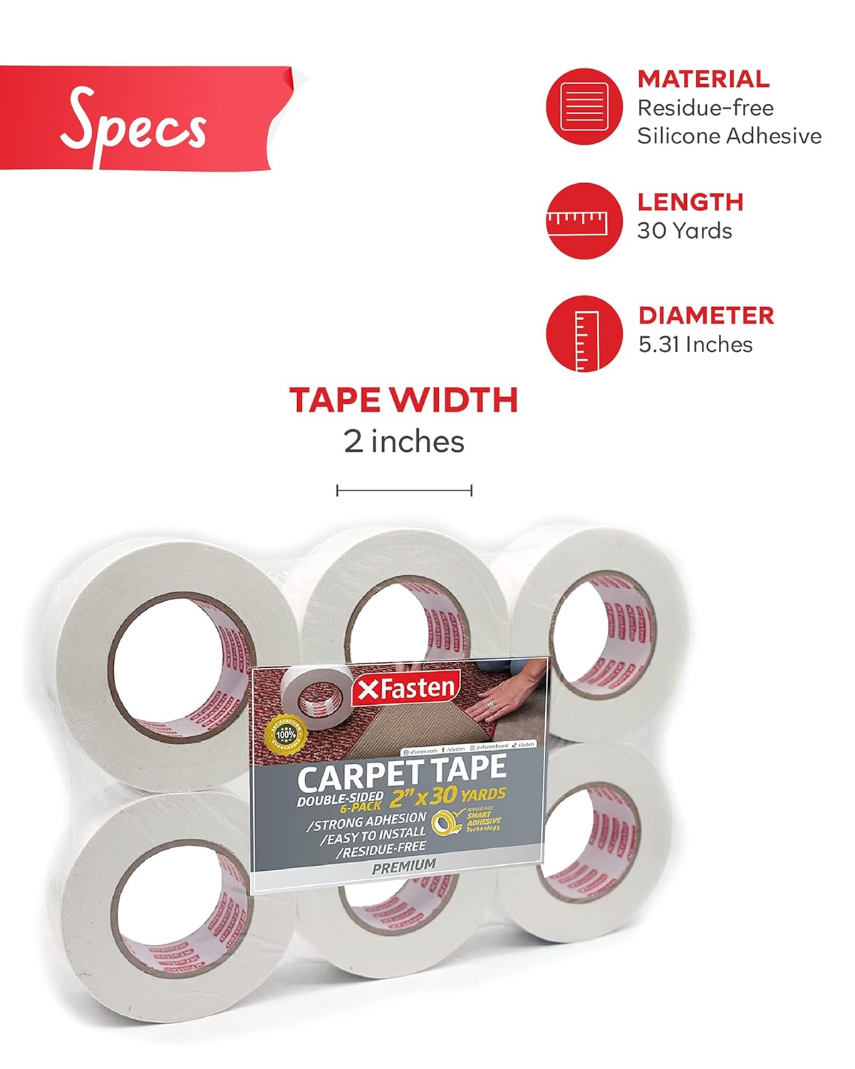 XFasten Double Sided Carpet Tape Bulk for Area Rugs Over Carpets, 2 Inches x 30 Yards (6-Pack) Residue-Free and Surface-Safe | Indoor and Outdoor Rug Tape for Area Rugs on Carpet, Wood Floor Laminate