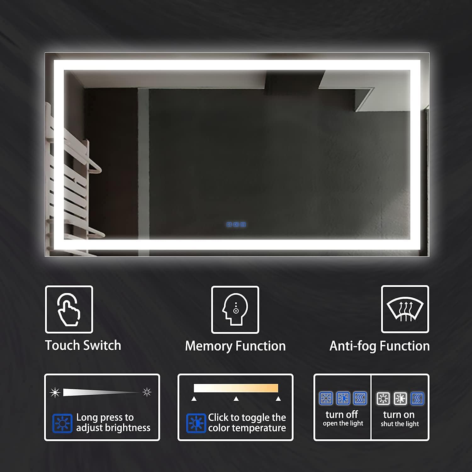 YRSHA 60x32 Inch LED Bathroom Vanity Mirror, Lighted Smart Wall Mounted Backlit Mirror with Lights, Anti Fog,Dimmable Memory Touch Button, Warm/Cold/Neutral Light,IP44 Waterproof, CRI>92(Horizontal)&hellip;