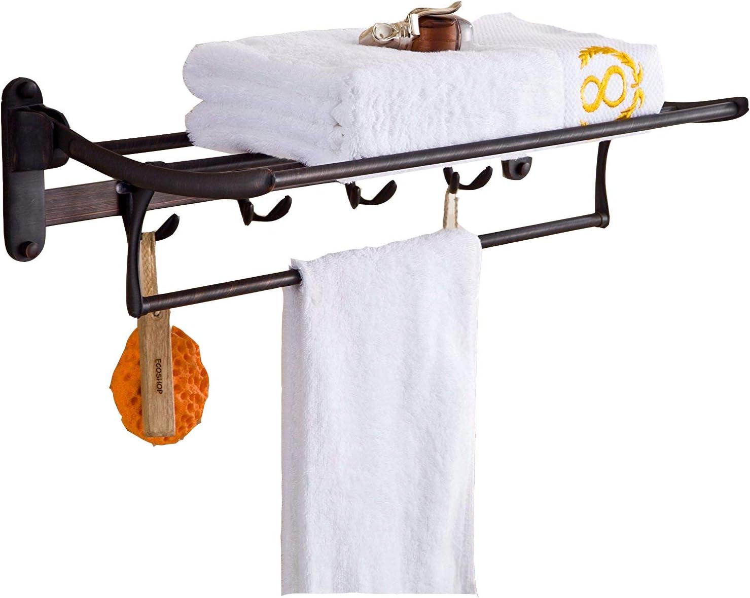 ELLO&ALLO Oil Rubbed Bronze Towel Racks for Bathroom Shelf with Foldable Towel Bar Holder and Hooks Wall Mounted Multifunctional Rack Pack of 2