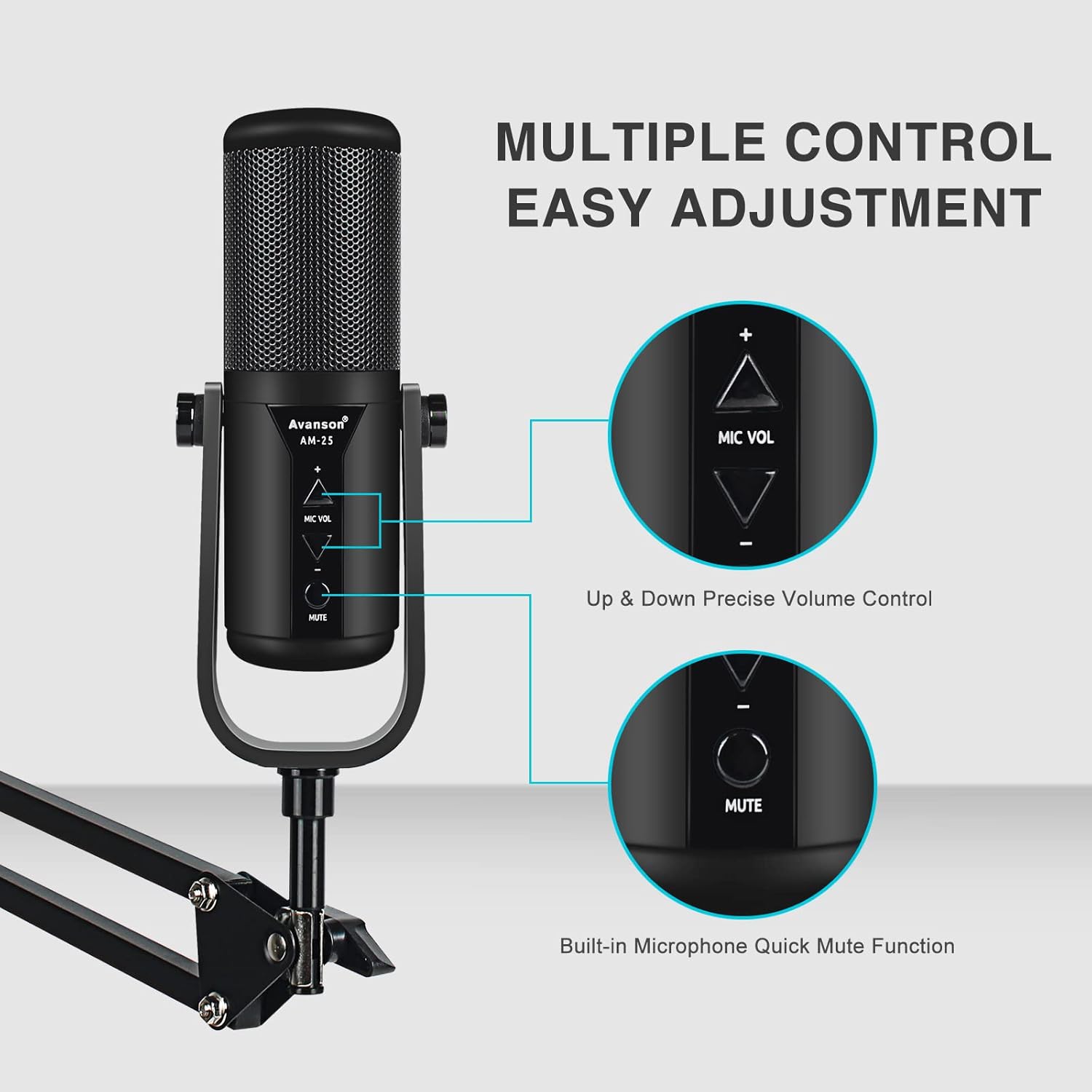 Avanson USB Condenser Microphone, Metal Build Desktop Laptop Recording Mic with Adjustable Boom Arm Kit for Voice Overs Home Recording Podcasts Online Class Zoom YouTube Twitch Streaming, AM-25B Pack of 2