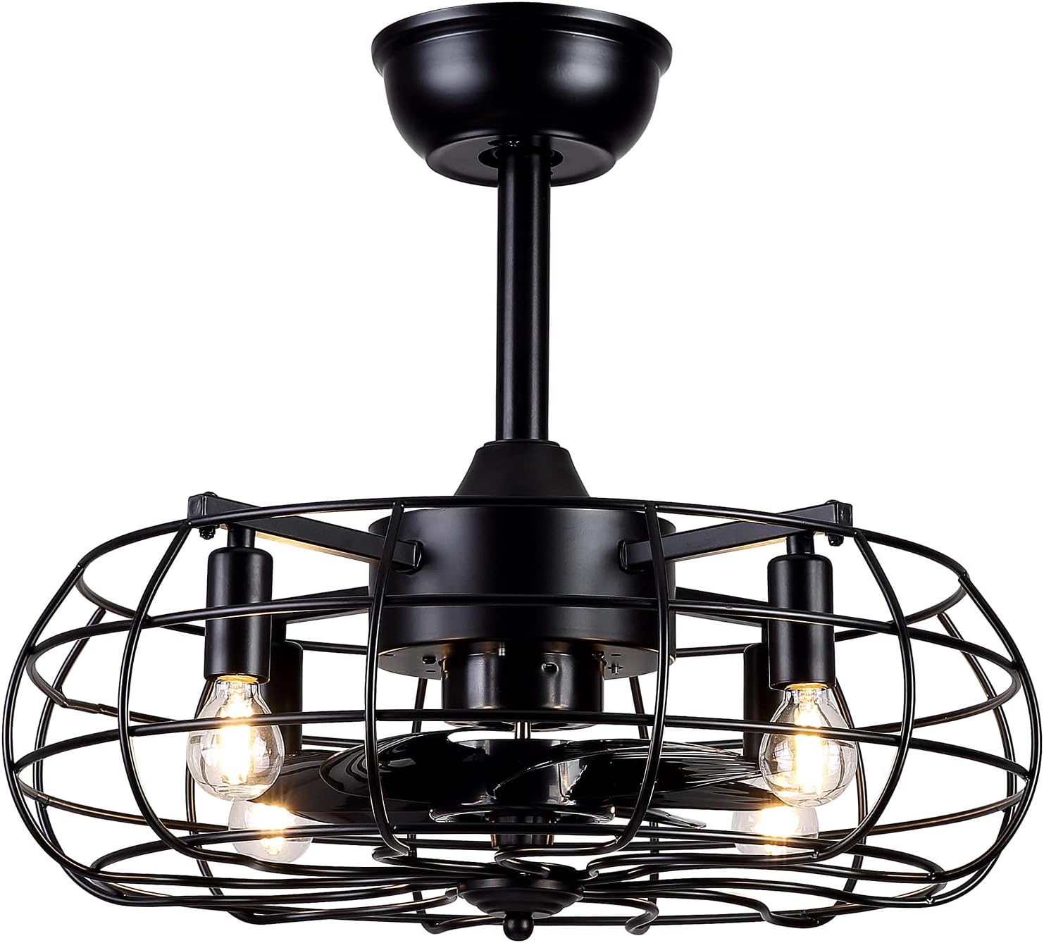 Caged Ceiling Fan with Lights Remote Control,Modern Bladeless Black Ceiling Fan Indoor, MADSHNE 19'' Small Industrial Bedroom Ceiling Fan Light Fixture
