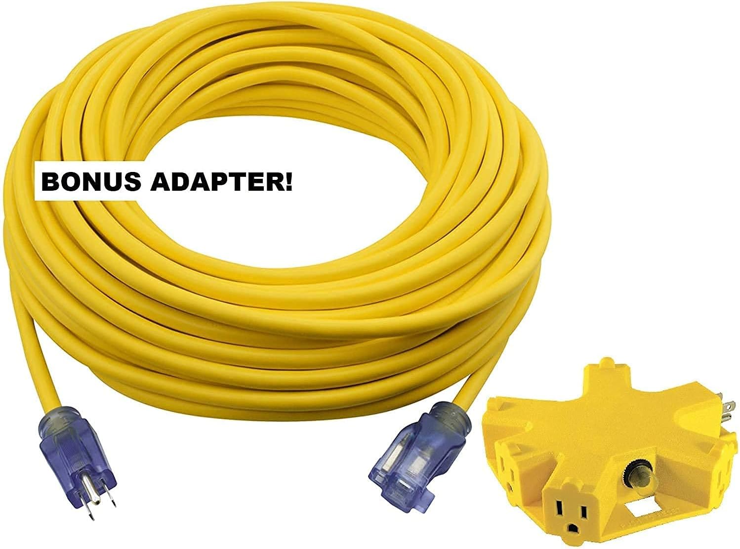 Clear Power 100 ft Extra Heavy Duty Contractor Grade Extension Cord 12/3 SJTOW with 5 Outlet Adapter Combo, Oil Water & Weather Resistant, Flame Retardant, Yellow, 3 Prong Grounded Plug, DCCO-9001-DC