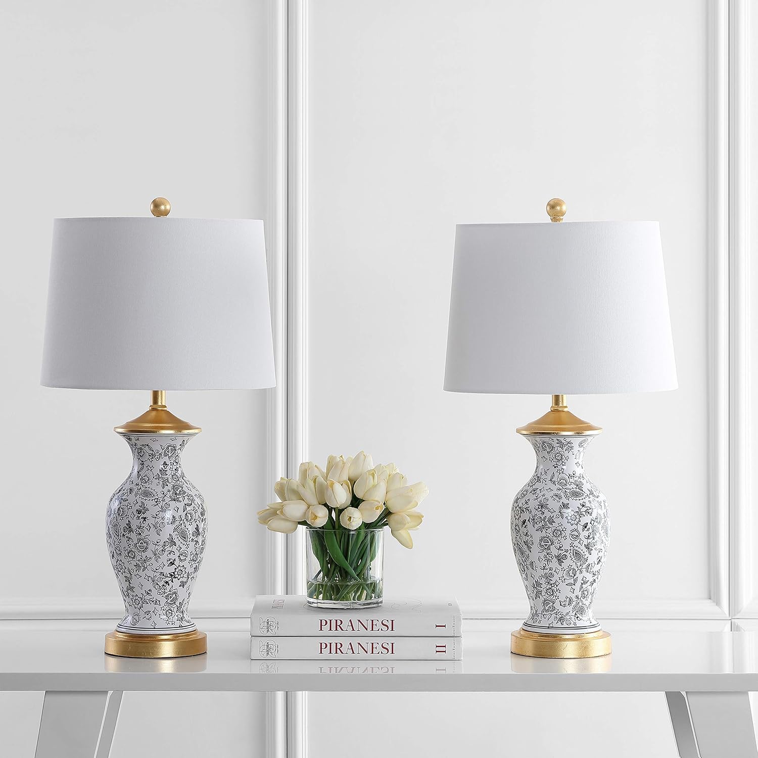 SAFAVIEH Lighting Collection Kaeden Floral Black/ White 27-inch Bedroom Living Room Home Office Desk Nightstand Table Lamp Set of 2 (LED Bulbs Included)