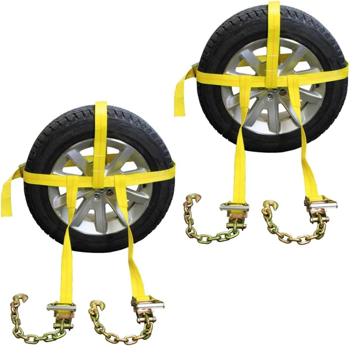 US Cargo Control Side Mount Wheel Net with Cam Buckle,Two Ratchets and Chain Extensions - Easy to Use Wheel Strap for Vehicle Tie Down Applications - Durable Polyester Webbing - 2 Pack