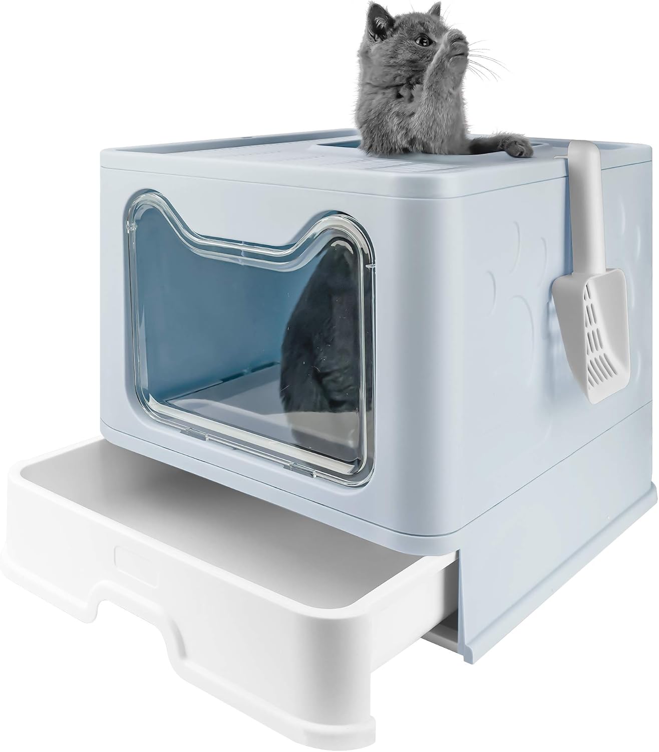 Bolux Foldable Cat Litter Box with Lid, Extra Large Litter Box with Cat Litter Scoop, Drawer Type Cat Litter Pan Easy to Scoop & Low Tracking ( Gray, 20