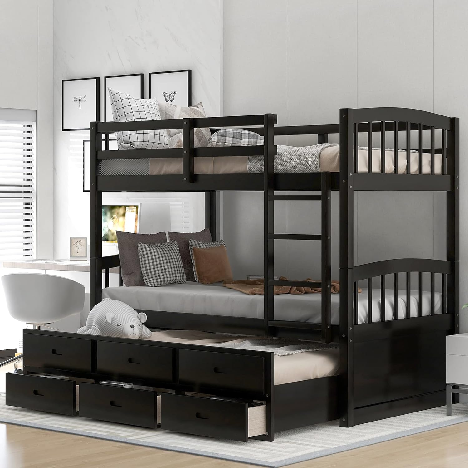 P PURLOVE Solid Wood Detachable Bunk Bed Twin Over Twin Bunk Bed with Trundle Storage Bed Frame with Three Storage Drawers with Safety Guard Rail for Living Room Bedroom