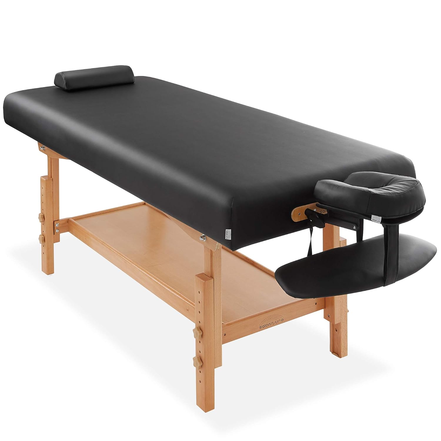 Saloniture Professional Stationary Massage Table - Includes Shelf, Headrest, Face Cradle and Bolster - Black