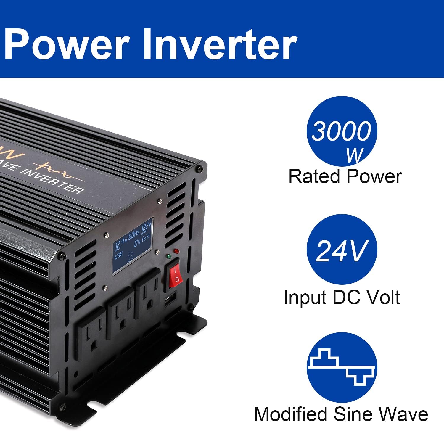 aeliussine 3000w Power Inverter 24v to 110v 120v Modified Sine Wave Power Inverter dc to ac Power Converter 3 ac Outlet (3000W 24V)