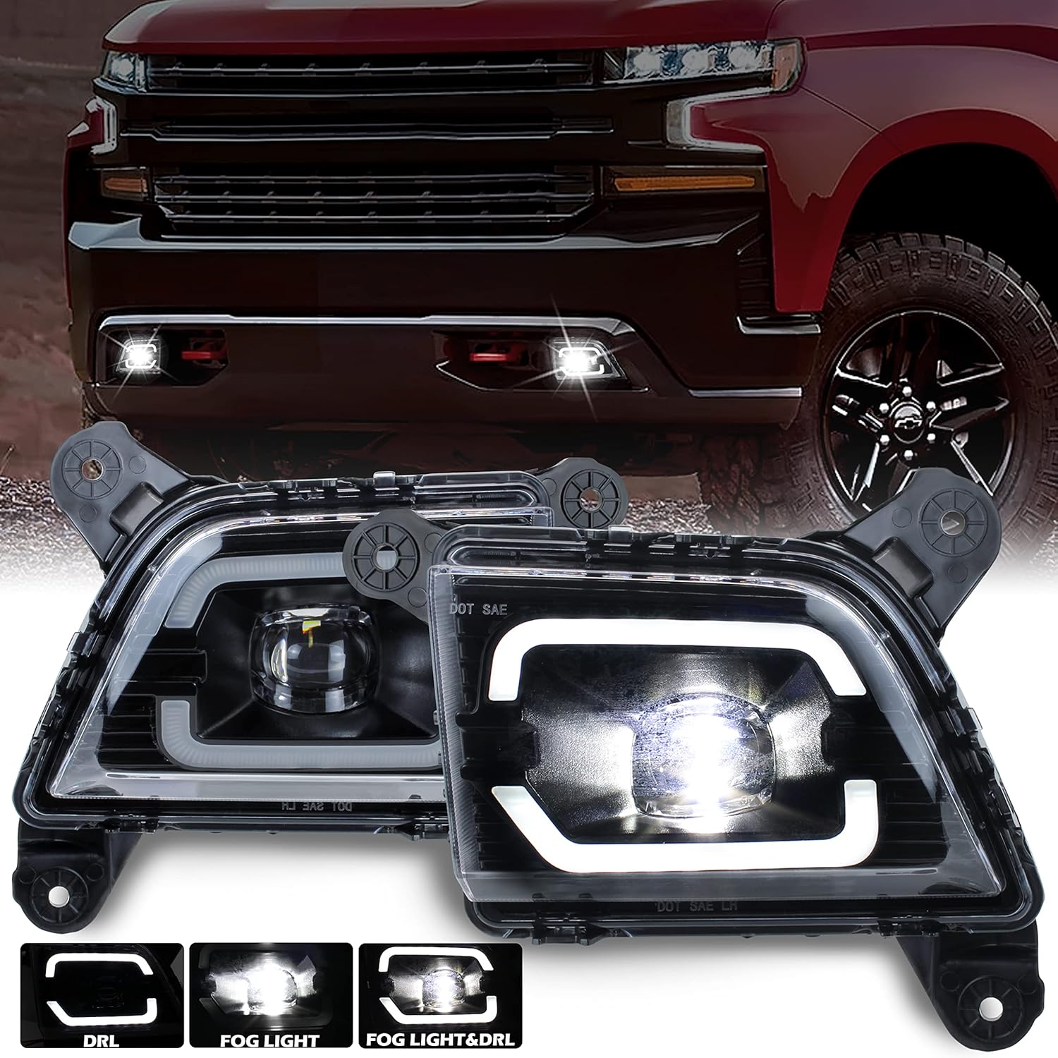 2PCS LED Fog Lights Daytime Running Lights for Silverado 1500 2500HD 3500HD, KEWISAUTO Bumper Driving Fog Lamps w/ DRL for Silverado 1500 2019-2022 / 2500HD 3500HD 2020-2022 Accessories