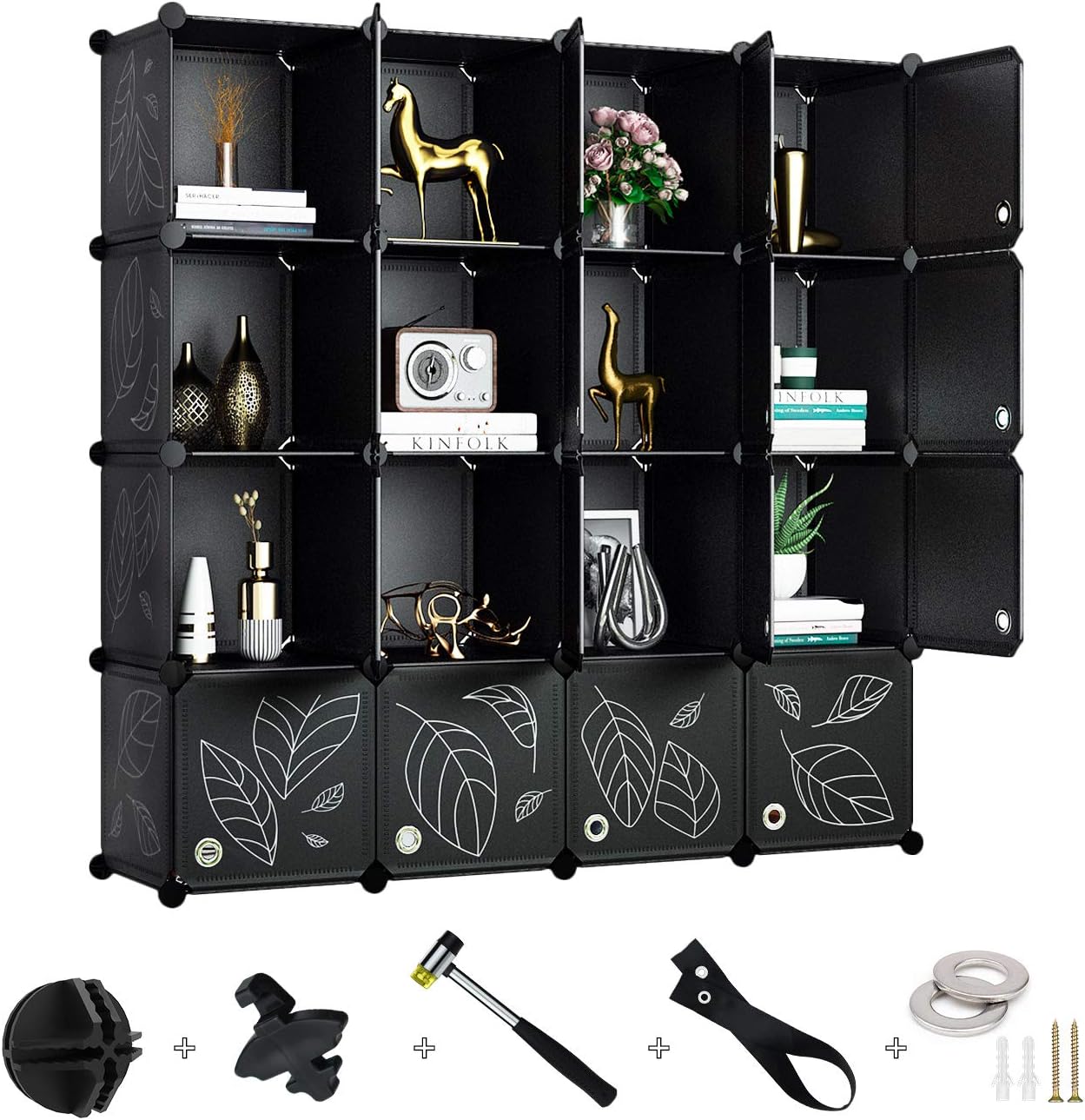 GREENSTELL Cube Storage Organizer, Plastic Closet Organizer with Doors, 16-Cube DIY Storage Cubes Organizer, Modular Storage Cabinet Book Shelf Shelving for Bedroom, Living Room, Office Black Pack of 2