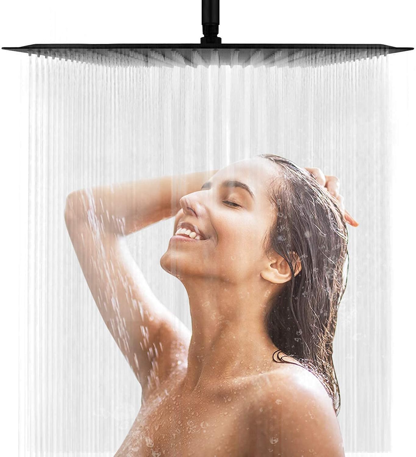 AWARA 16 Inch Rain Shower Head, Square Ultra Thin 304 Stainless Steel High Pressure Shower Head, Black Large Size Rainfall Shower Head, Full Body Coverage Modern Waterfall Shower Head Pack of 2