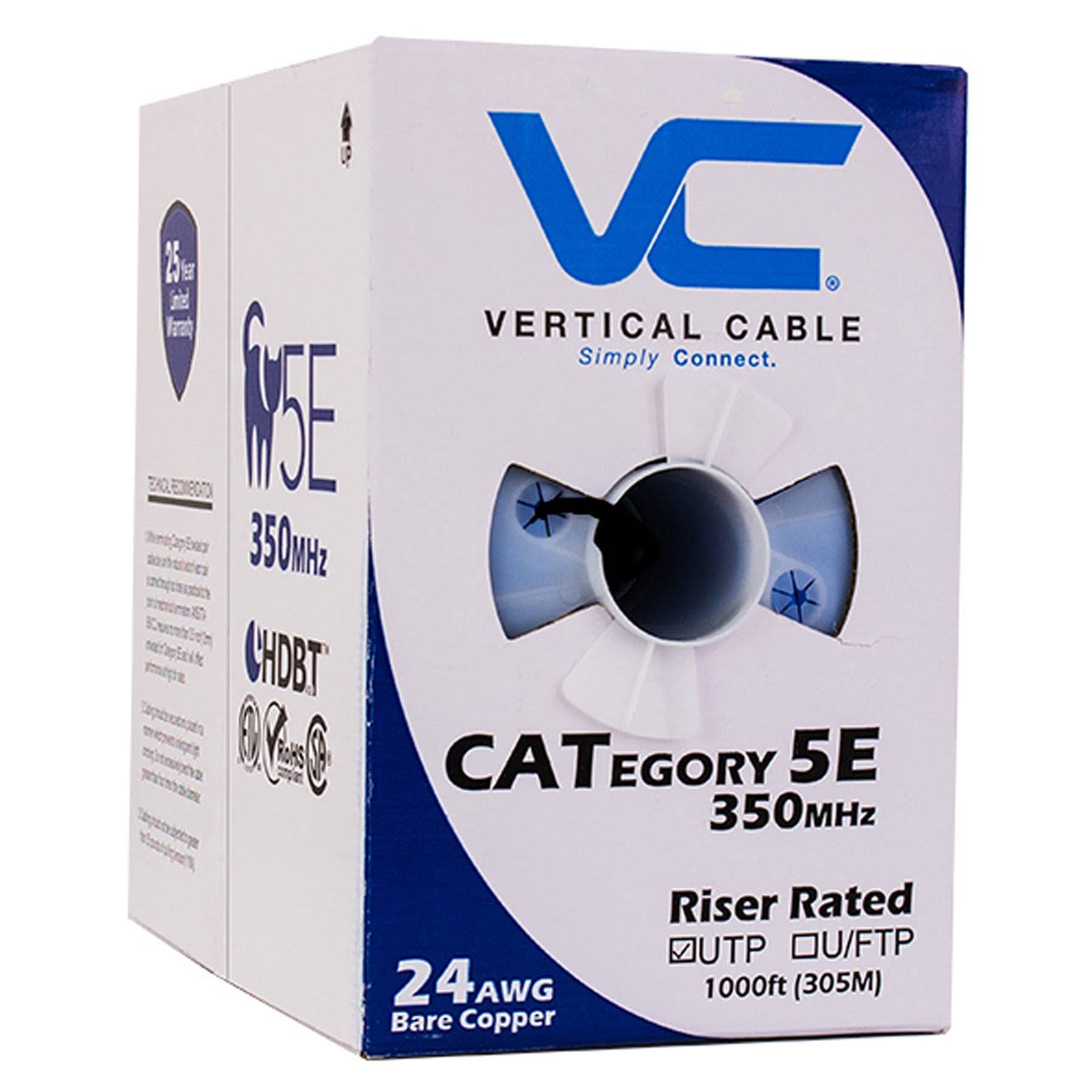 Vertical Cable 1000ft Solid Cat5e Cable - 24AWG 350MHz CMR Bare Copper Bulk Ethernet Black
