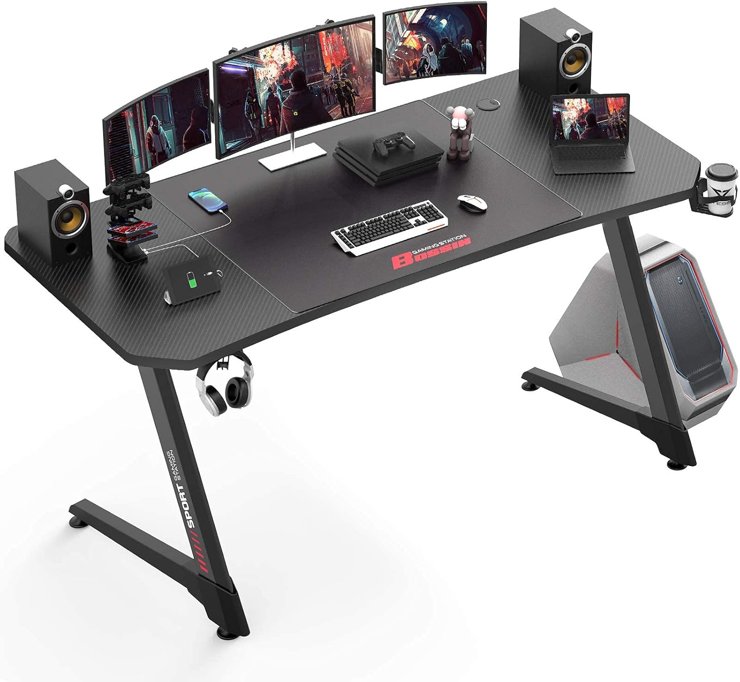 VITESSE 44 Inch Ergonomic Gaming Desk, Z Shaped Office PC Computer Desk with Large Mouse Pad, Gamer Tables Pro with USB Gaming Handle Rack, Stand Cup Holder and Headphone Hook, Black