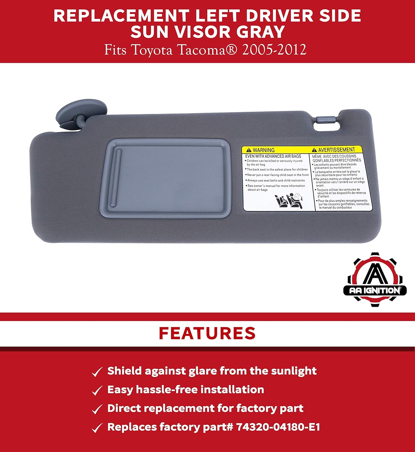 Left Driver Side Sun Visor Gray Without Light - Compatible with Toyota Tacoma 2005, 2006, 2007, 2008, 2009, 2010, 2011, 2012 - Replaces 74320-04181-B1, 74320-04180-B1, 74320-04181-B1, 74320-AD060-B0