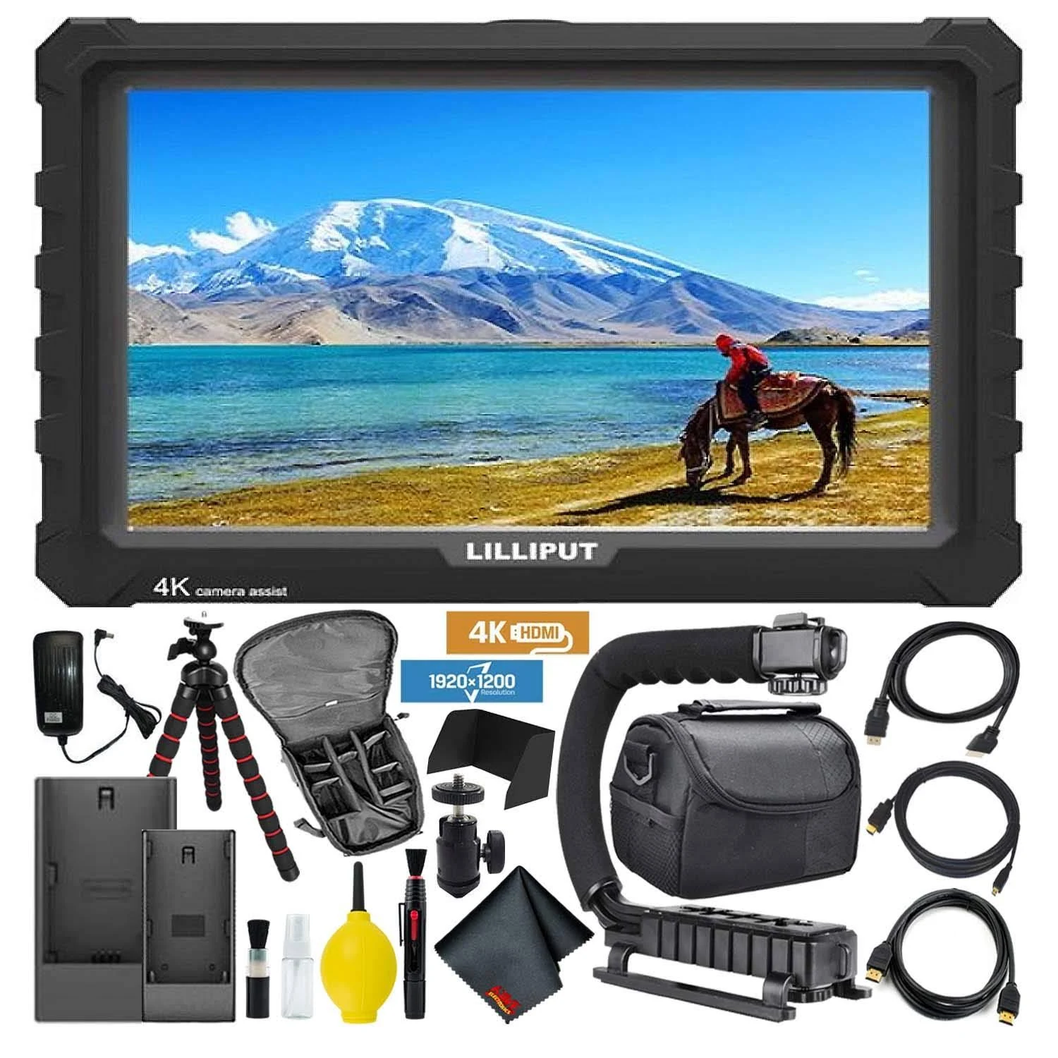 Lilliput A7S Full HD 7 inch IPS Video Camera Field Monitor w/ 4K Support (Black CASE) HDMI Ports Advanced Bundle w/ Stabilizing