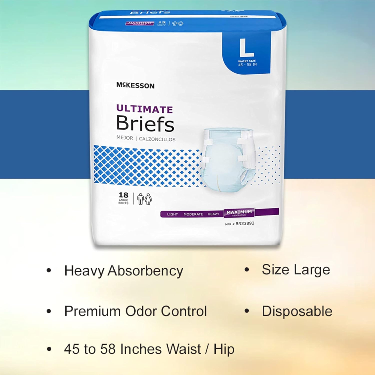 McKesson Adult Incontinence Brief L Heavy Absorbency BR33892, Maximum, 72 Ct Pack of 2
