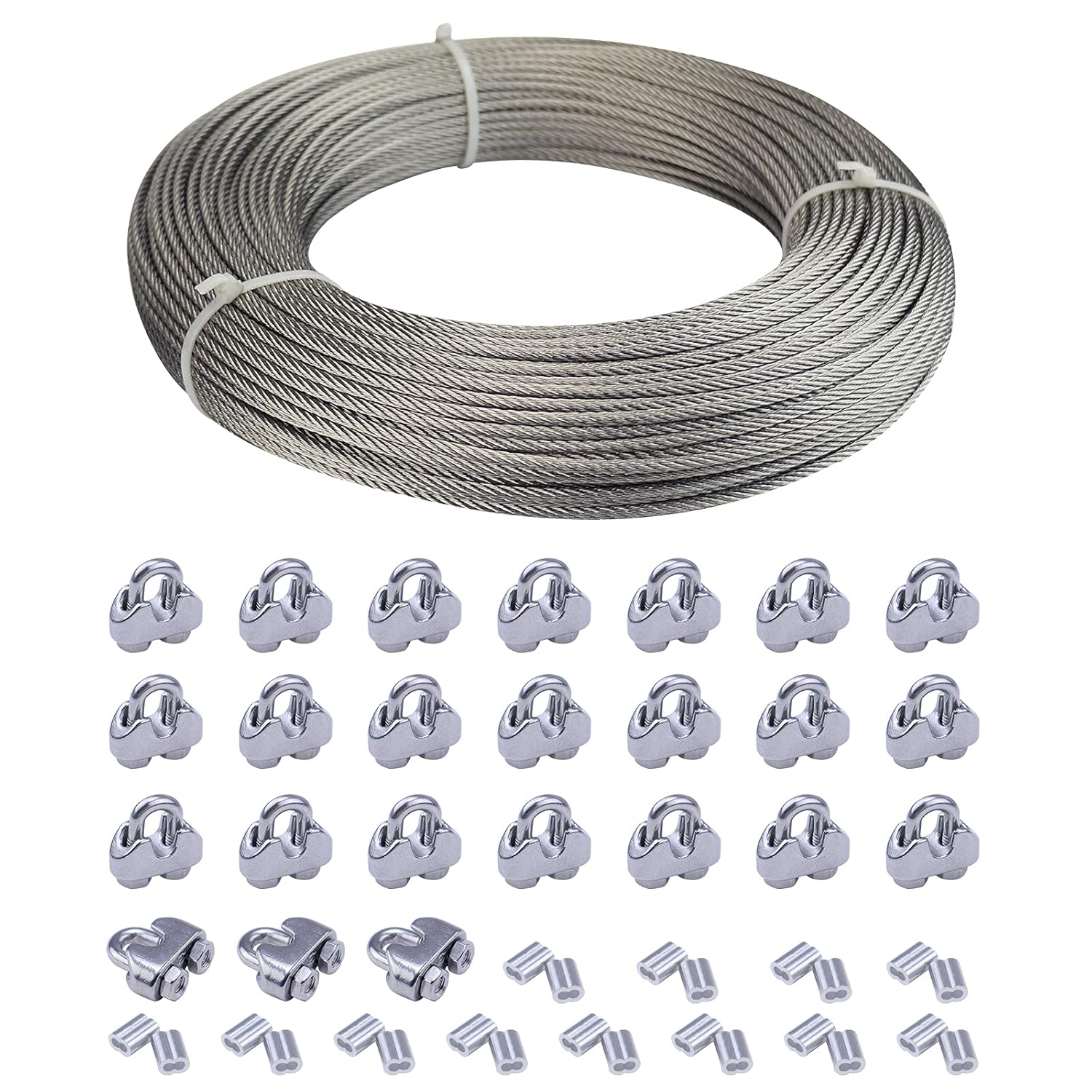 Muzata 165Feet 1/8inch Stainless Steel Wire Rope Aircraft Cable Railing Decking 7x7 Strand Indoor Outdoor DIY Balustrade WR01 with 24Pack Ferrule and 24Pack Clamp WP1
