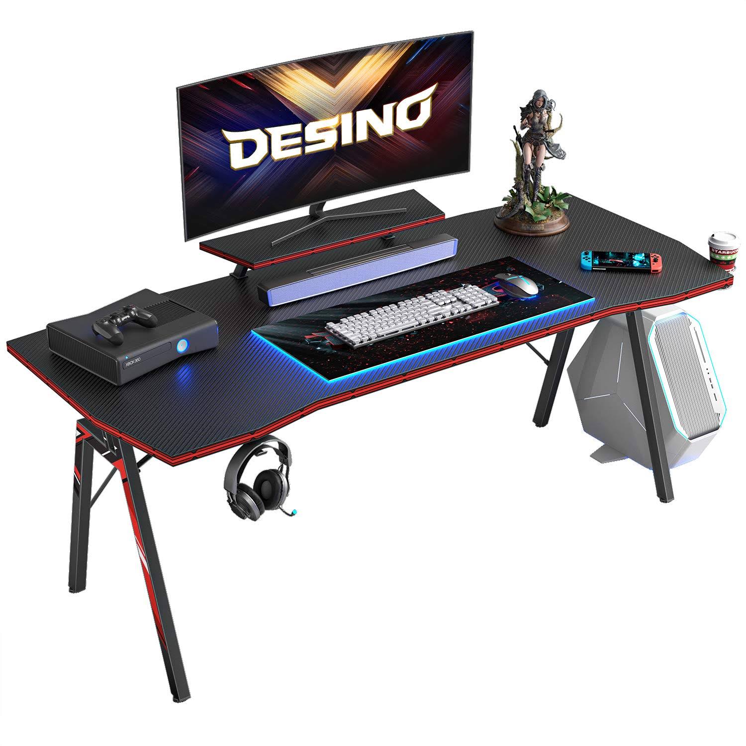 Desino Gaming Desk 55 inch PC Computer Desk, Home Office Desk Table Gamer Workstation with Cup Holder and Headphone Hook, Black
