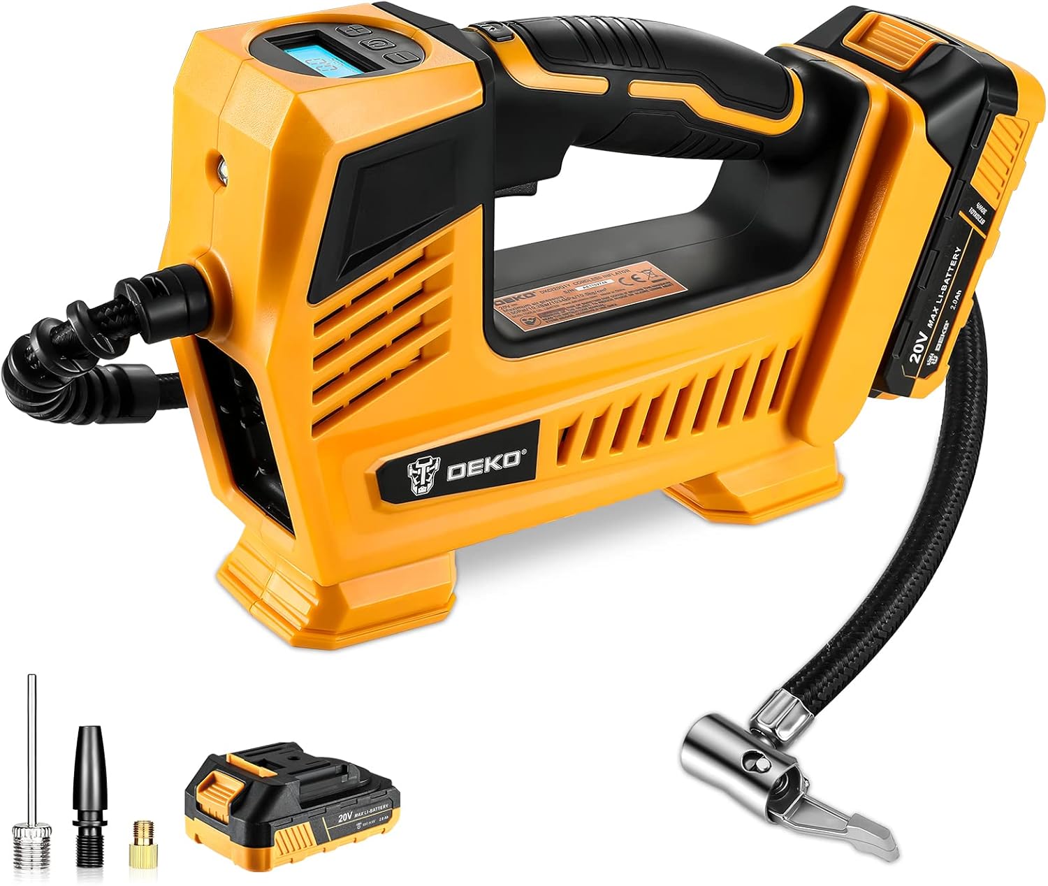 DEKOPRO Tire Inflator Portable Air Compressor 20V Cordless Air Pump 150PSI with Digital Pressure Gauge Rechargeable Li-ion Battery LED Light for Car, Bicycle, Balloons and Other Inflatables Pack of 2