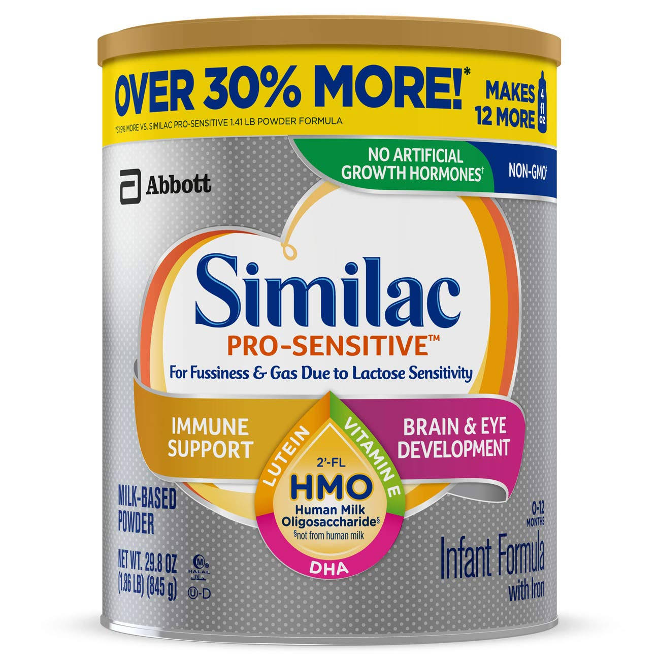 Similac Pro-Sensitive Baby Formula (Pack of 4) w/ 2&-fl HMO (FOR Immune Support) Powder, 29.8 Ounces