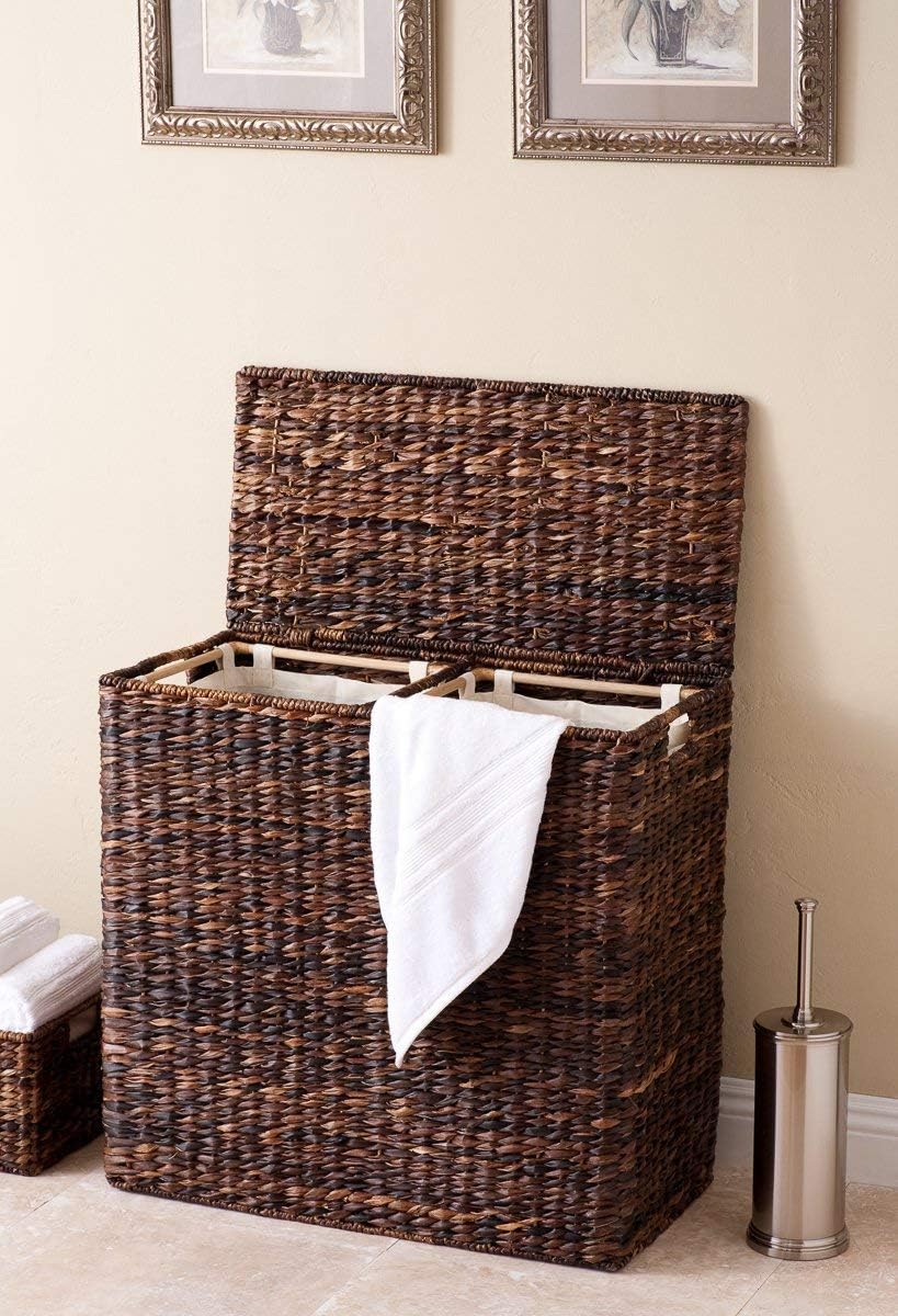 BirdRock Home Oversized Divided Hamper with Liners and Lid (Espresso) - Handwoven Natural Woven Abaca Fiber - Organize Laundry Storage - Easy Transport - Extra Large Double Basket