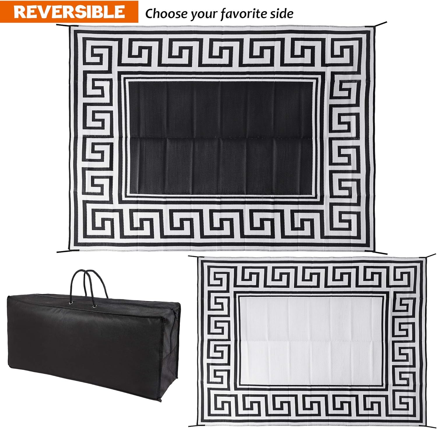 SAND MINE Reversible Mats, Plastic Straw Rug, Modern Area Rug, Large Floor Mat and Rug for Outdoors, RV, Patio, Backyard, Deck, Picnic, Beach, Trailer, Camping (9' x 12', Black & White)