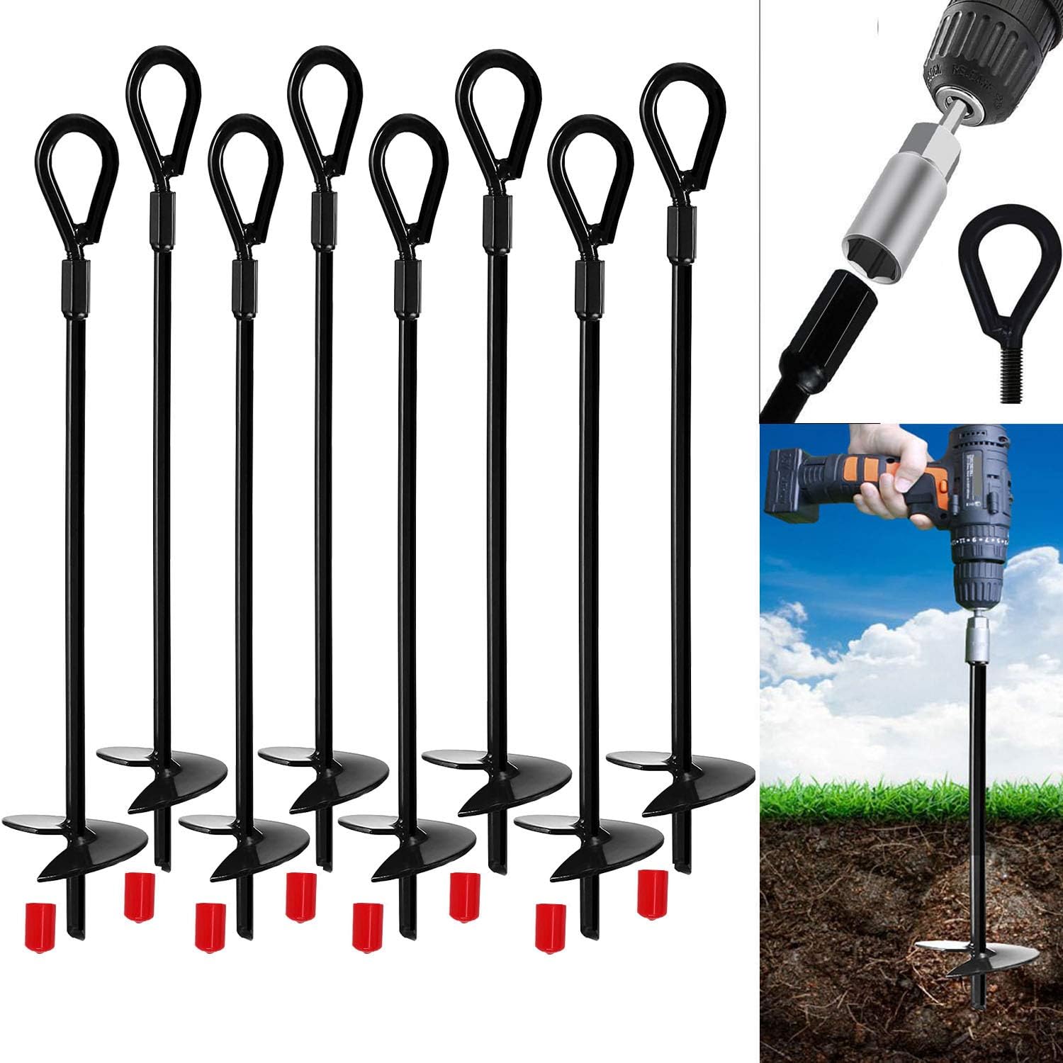 Jayzod Earth Ground Anchor 15 Inch Heavy Duty Earth Augers Shelters, Canopies,Tents,Swing Sets,Trampoline，8 Pack,Adapter not Included