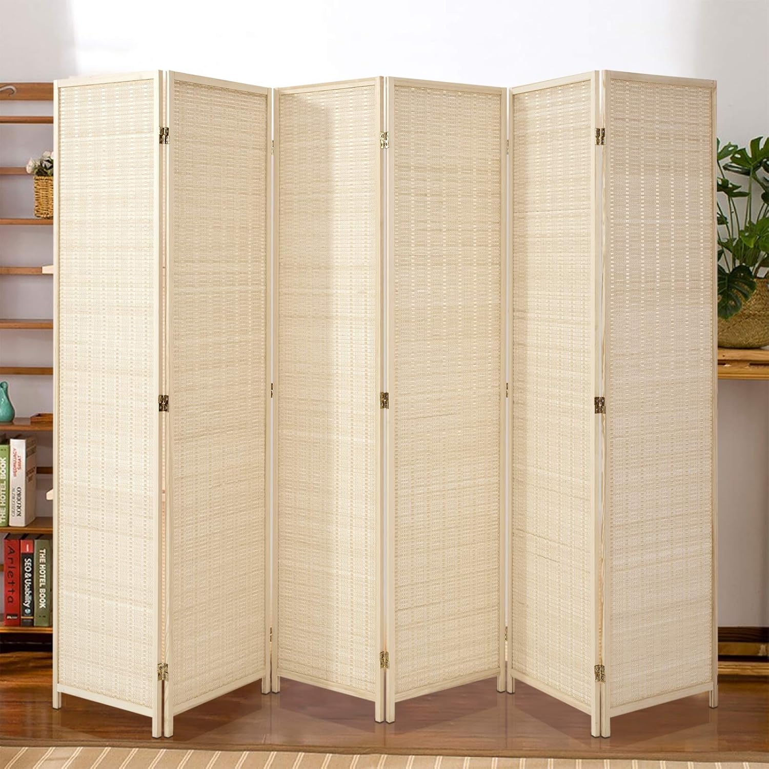 Esright 6 Panel Bamboo Room Divider, 6 Ft Tall Folding Privacy Screen Room Divider, Freestanding Partition Wall Dividers for Office,Bedroom, Beige