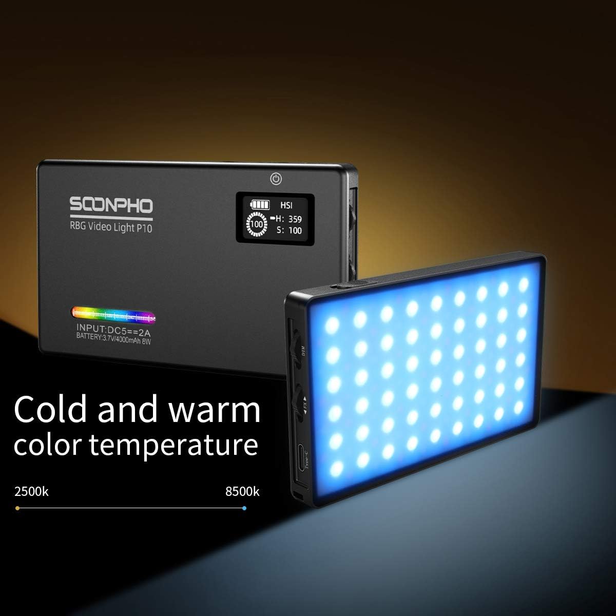 Soonpho P10 RGB Video LED Light Full Color Output CRI97+, 2500K-8500K Bi-Color, Ultra Thin Dimmable Brightness Temperature Lighting Panel with Rechargeable Lithium Battery Compatible for Digital SLR Pack of 2