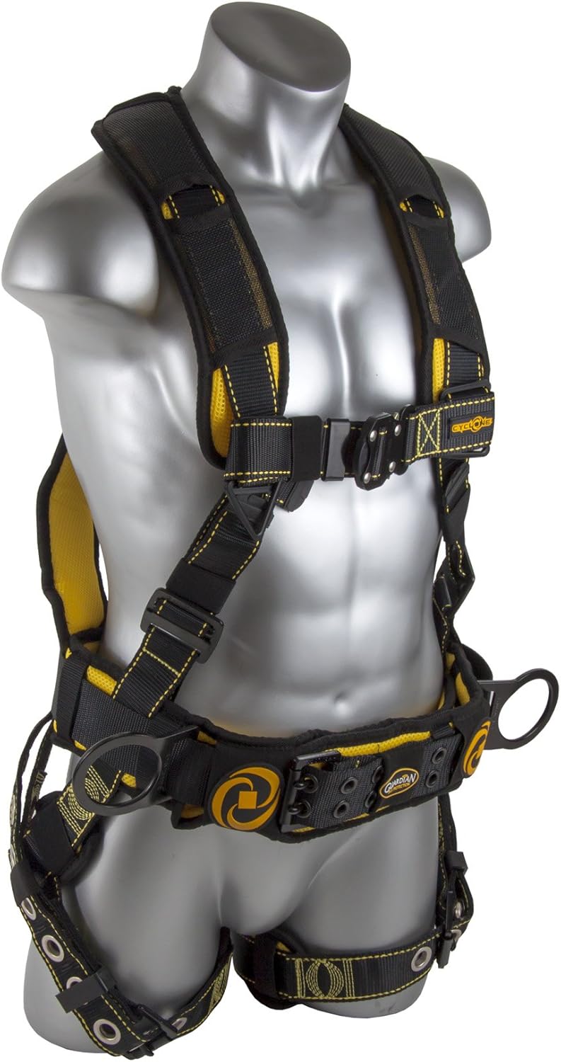 Guardian 21030 Cyclone Construction Harness with QC Chest/TB Leg/TB Waist Belt/Side D-Rings, Black/Yellow
