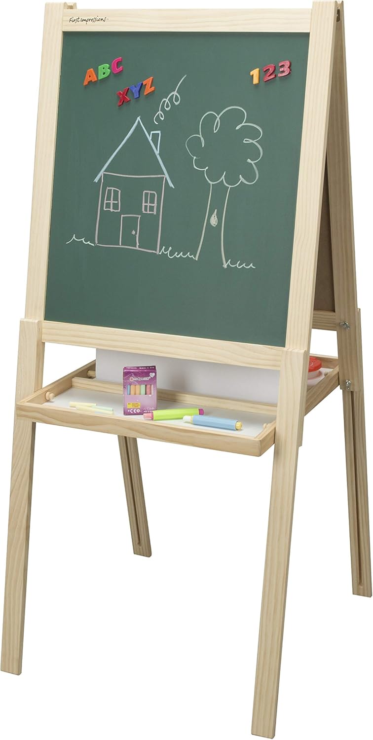 First Impressions Solid Wood Art Easel for Kids (2nd Edition) Grows with Child Dry Erase Board and Magnetic Chalk Board Includes Accessory Pack