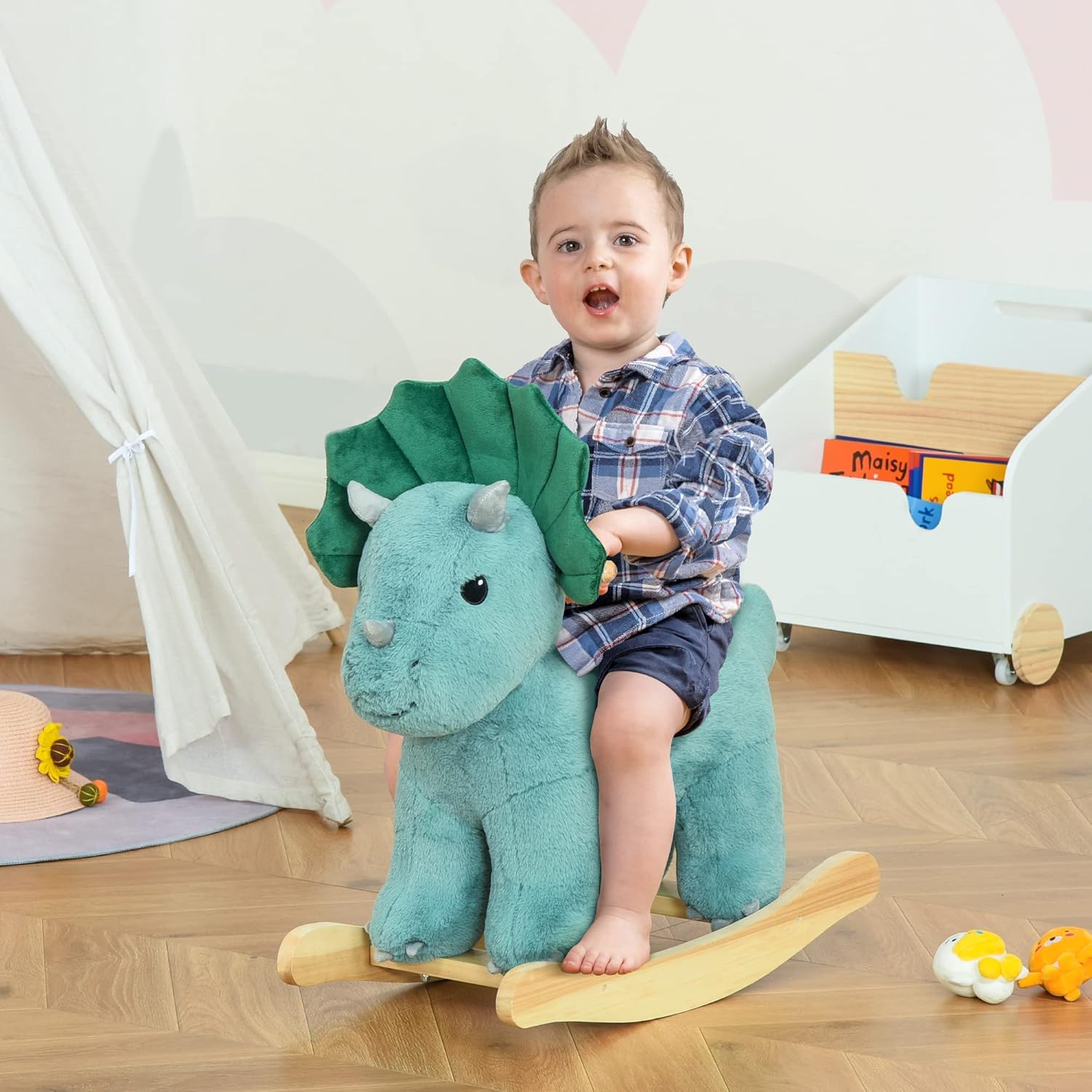 Qaba Kids Plush Ride-On Rocking Horse Triceratops-Shaped Plush Toy Rocker with Realistic Sounds for Child 36-72 Months Dark Green Pack of 2