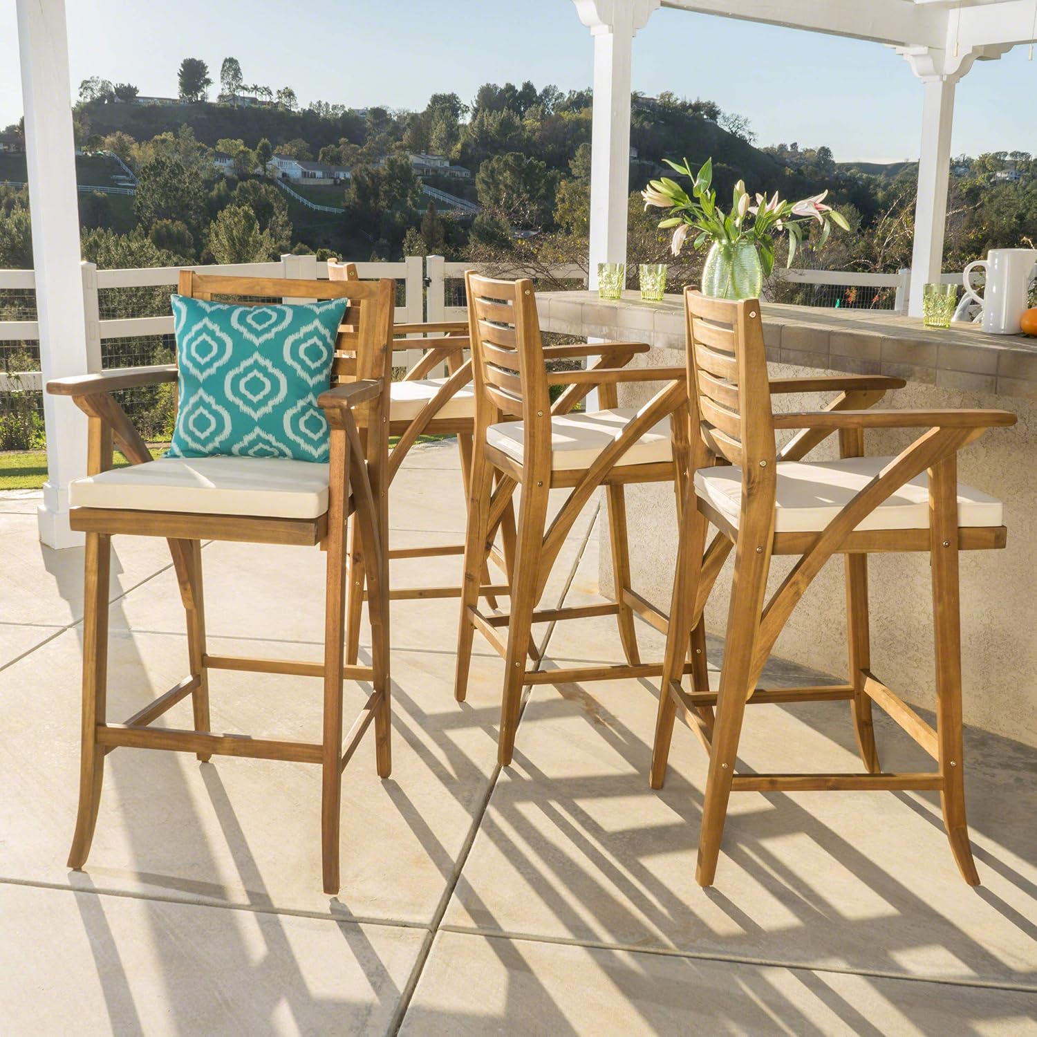 Christopher Knight Home Hermosa Acacia Wood Outdoor Barstools, 4-Pcs Set, Teak Finish