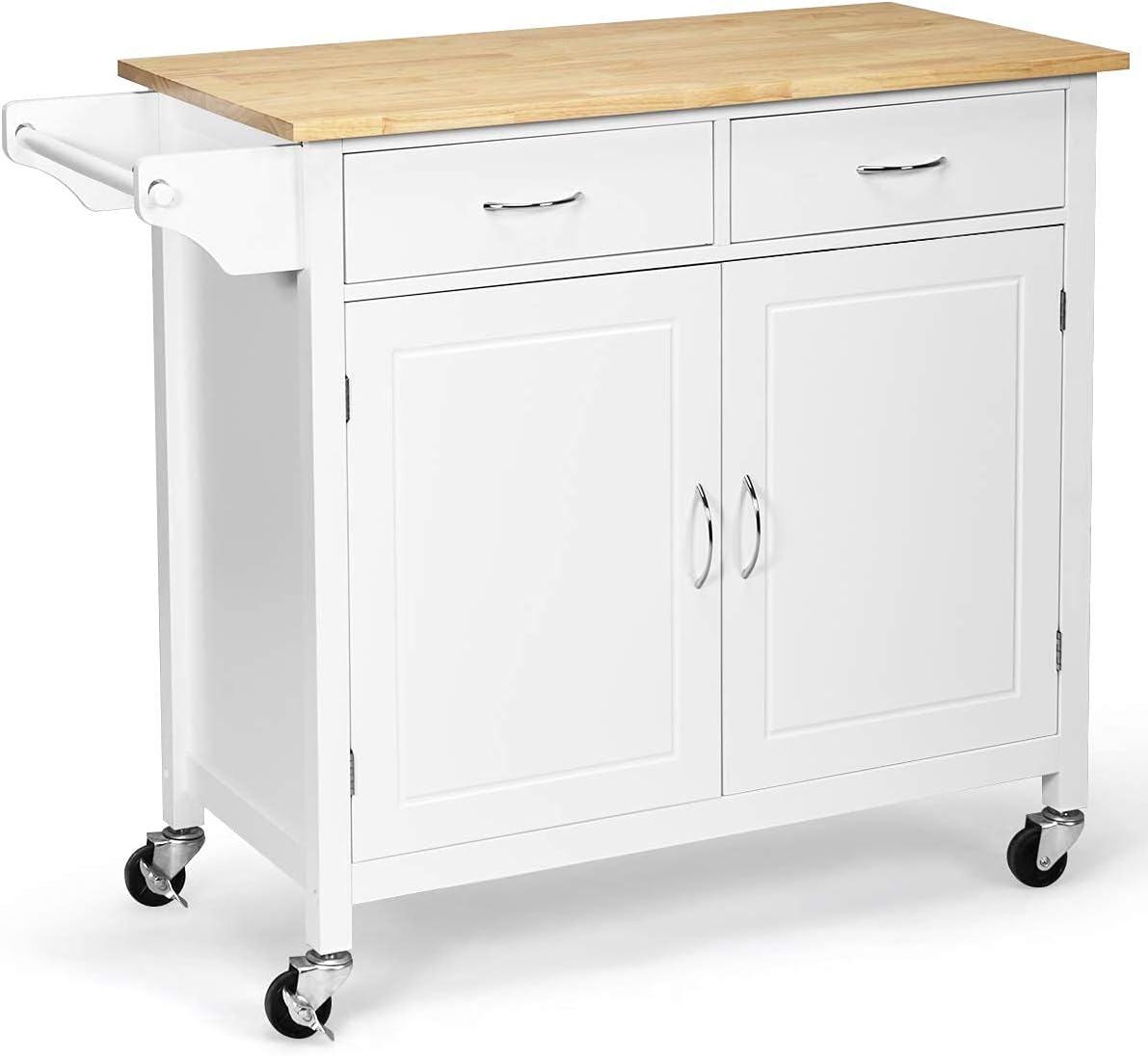 NAFORT Rolling Kitchen Island Cart on Wheels, Utility Trolley Cart Bar Serving Cart w/Rubber Wood Top, Handle Rack, Storage Cabinet and Drawers for Home Kitchen Dining Room, White