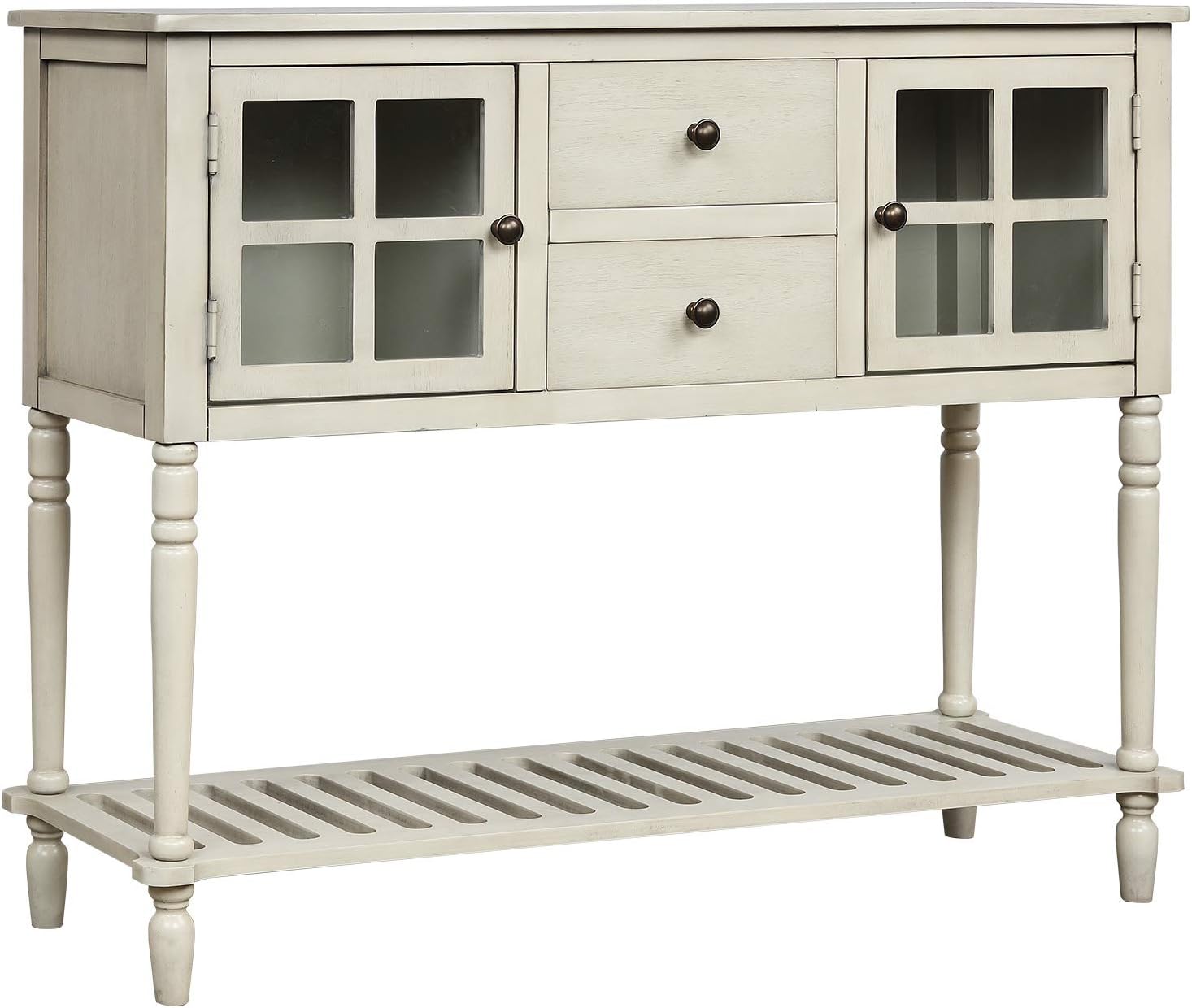 Knocbel Farmhouse Console Table Buffet Sideboard with 2 Storage Drawers, 2 Glass Door Cabinets & Spacious Bottom Shelf for Home Kitchen Dining Room, 42