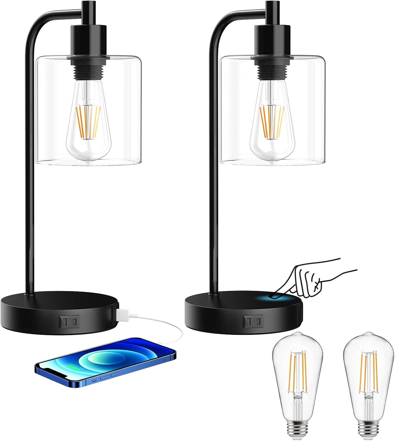 Set of 2 Touch Control Table Lamps with USB Ports and AC Outlet, 3-Way Dimmable Bedside Lamps with Fabric Shade for Living Room, Bedroom and Office(Bulbs Included)