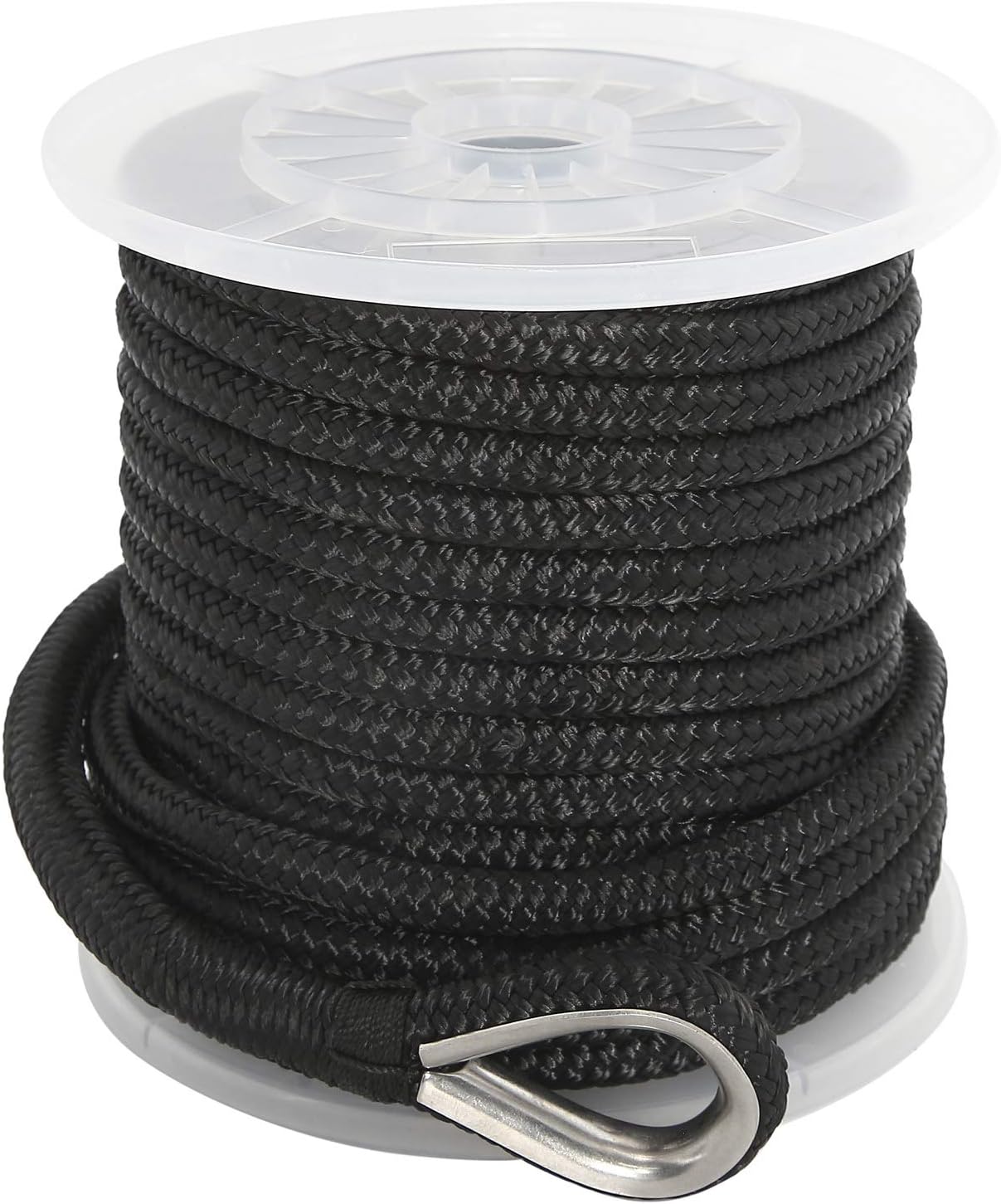 NovelBee 1/2 Inch X 100 Feet Double Braid Nylon Anchor Line with Stainless Steel Thimble and Plastic Chuck Pack of 2