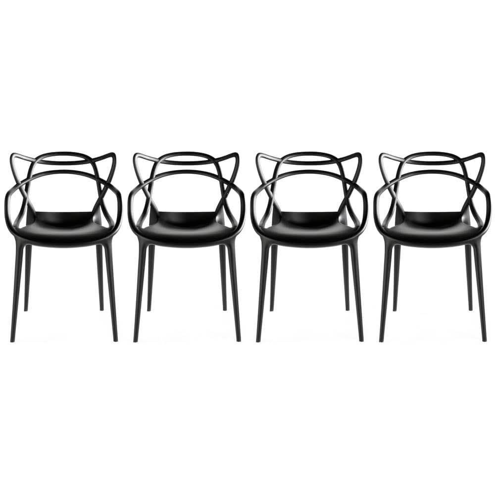 2xhome Set of 4 Modern Stacking Design Molded Chairs Dining with Arms Armchairs Living Room Kitchen - White