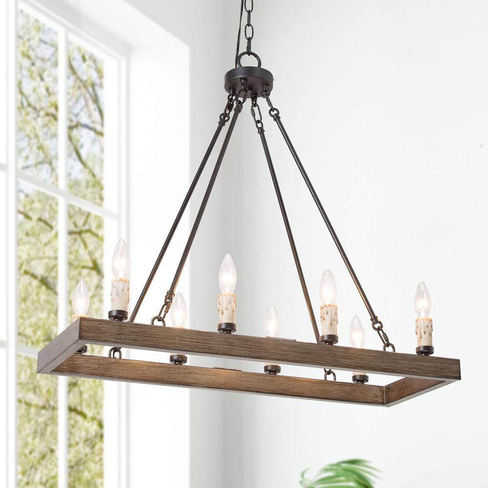 LNC Farmhouse Island Chandelier, 8-Light Brown Modern Rustic Linear Candlestick Chandelier with Faux Wood Accents