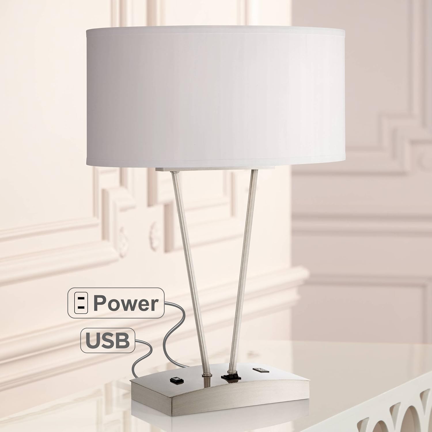 Leon Modern Contemporary Table Lamp with Hotel Style USB and AC Power Outlet in Base Silver White Oval Shade for Living Room Bedroom House Bedside Nightstand Home Office Family - Possini Euro Design